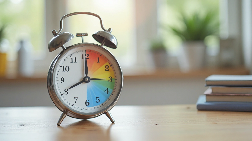 Escritorio con reloj analógico mostrando las horas del día divididas en bloques de tiempo coloreados para visualizar la estructura diaria