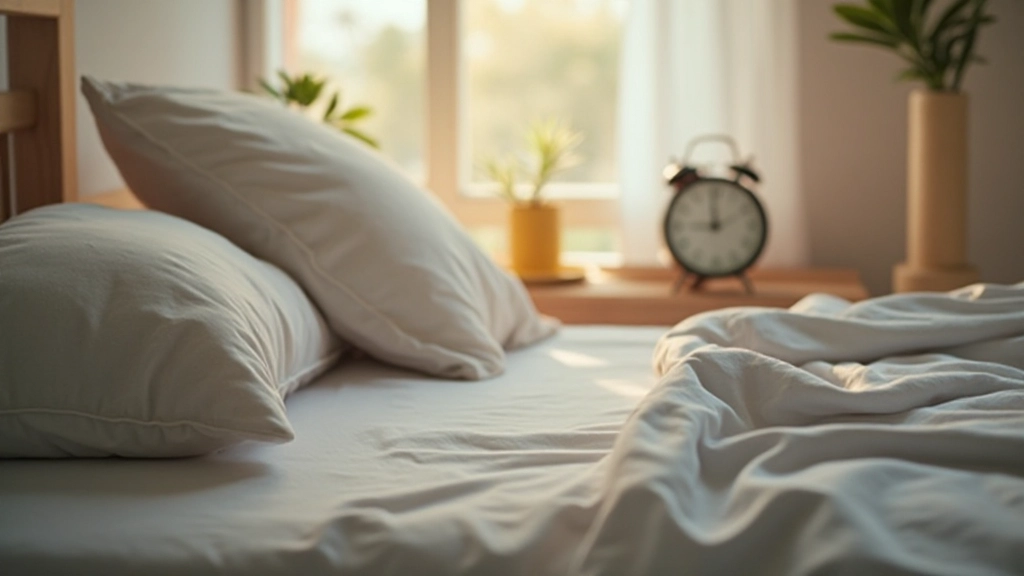 Alarma en una mesita de noche al lado de una cama deshecha con luz del amanecer