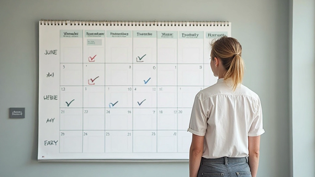 Calendario impreso en pared mostrando una cadena de marcas consecutivas durante varios meses de seguimiento