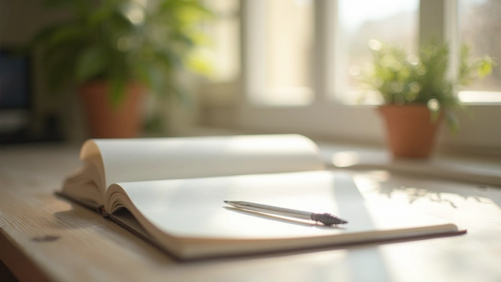 Espacio de trabajo organizado con libreta de metas, bolígrafo y planta verde, representando un ambiente conducente a la autodisciplina