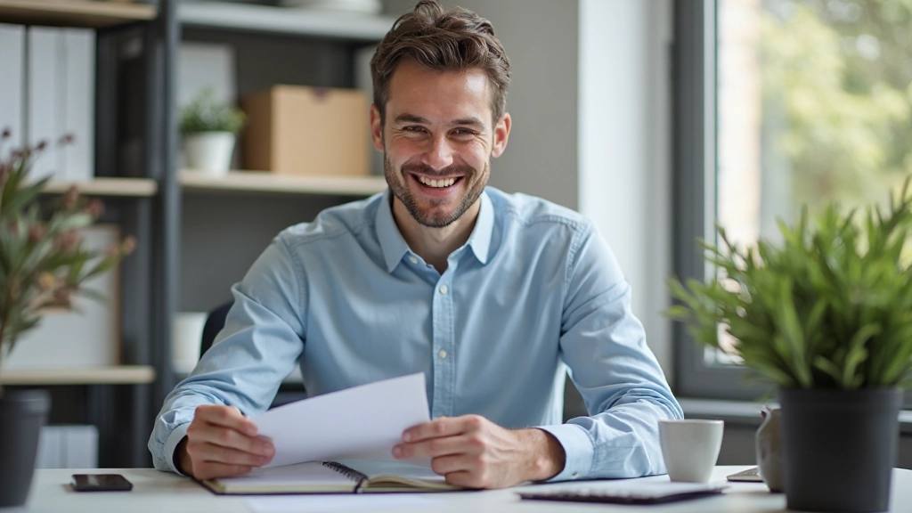 Persona celebrando logro completado, revisando tareas finalizadas en un planificador, expresión de satisfacción y éxito