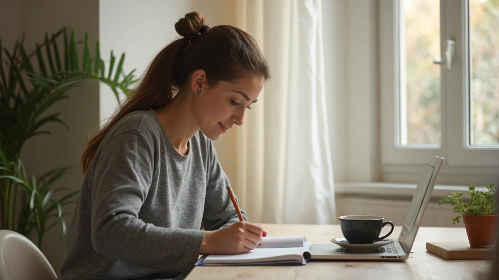 Persona escribiendo en un cuaderno con luz matutina natural, café a un lado, enfoque sereno