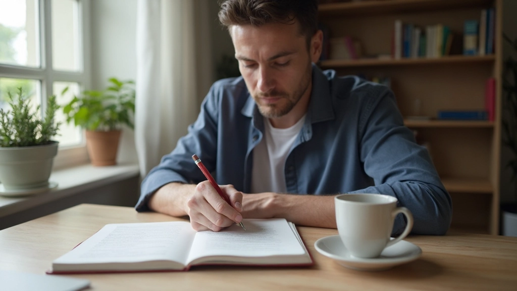 Persona escribiendo en un cuaderno con enfoque y determinación en un espacio luminoso