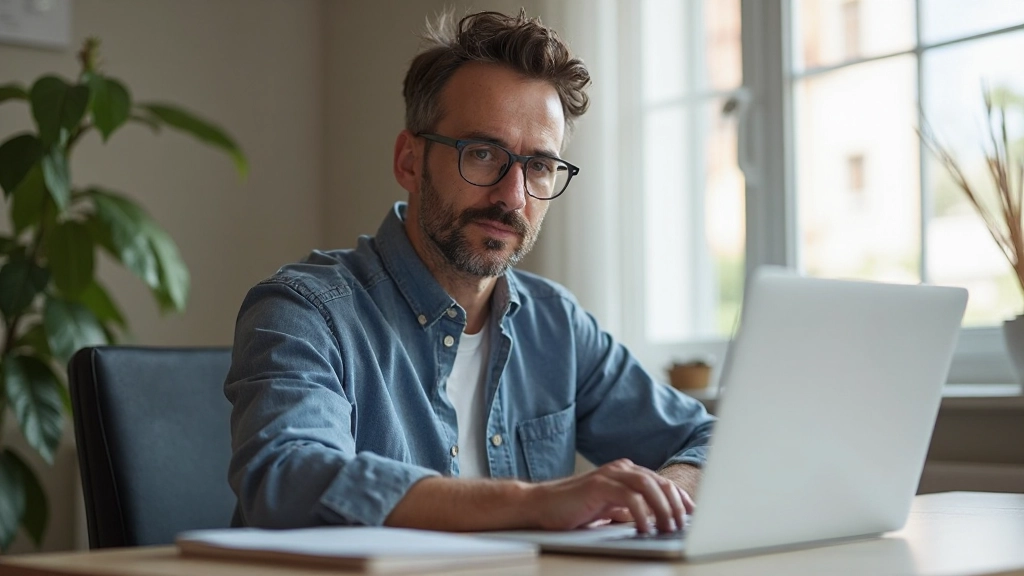 Persona enfocada trabajando en escritorio minimalista con luz natural, expresión de concentración