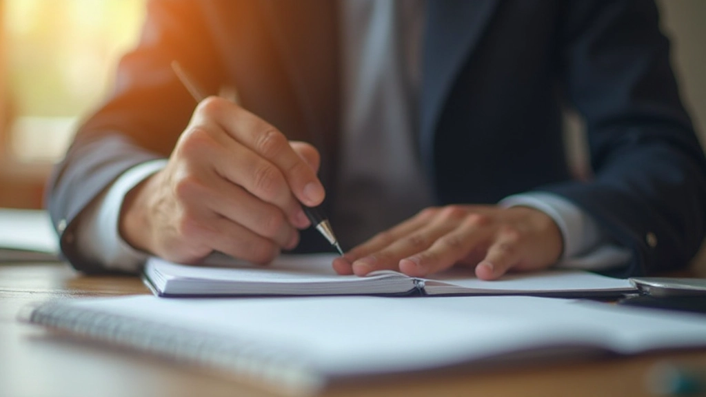 Mano sosteniendo un bolígrafo sobre un cuaderno abierto con tablas de seguimiento manuscritas y anotaciones